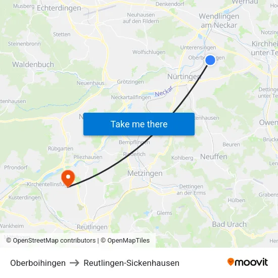 Oberboihingen to Reutlingen-Sickenhausen map