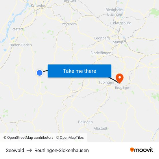 Seewald to Reutlingen-Sickenhausen map