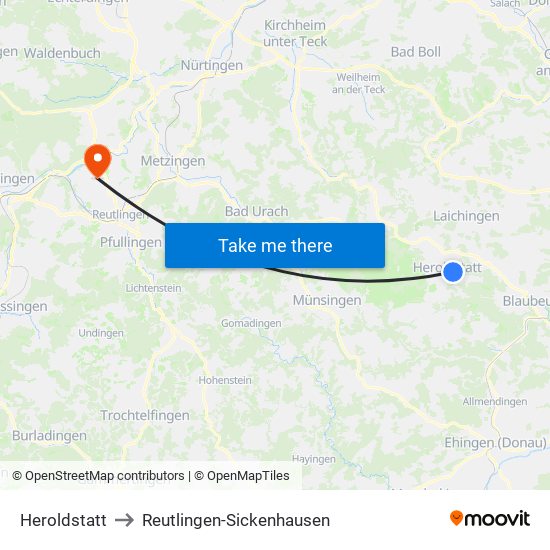 Heroldstatt to Reutlingen-Sickenhausen map