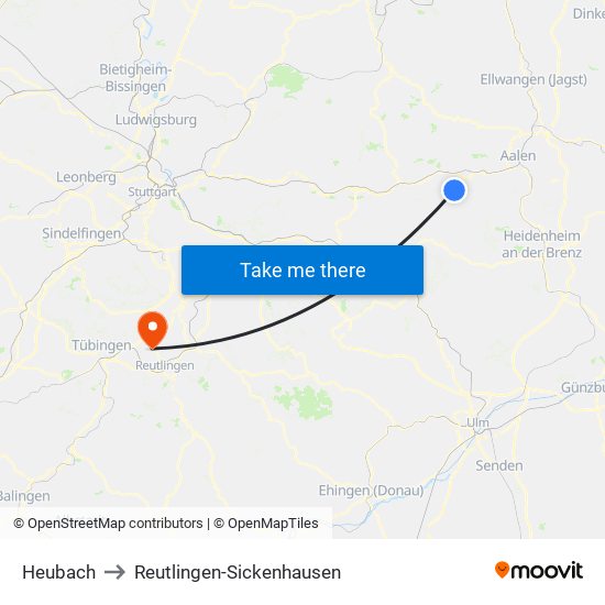 Heubach to Reutlingen-Sickenhausen map