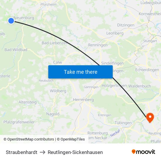 Straubenhardt to Reutlingen-Sickenhausen map