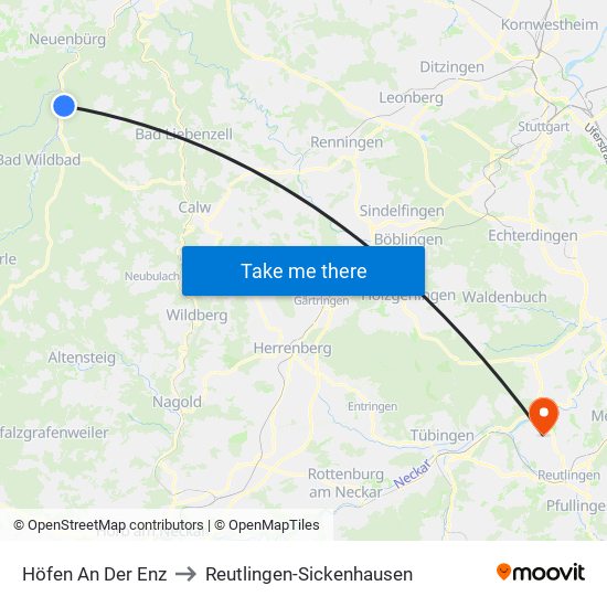 Höfen An Der Enz to Reutlingen-Sickenhausen map