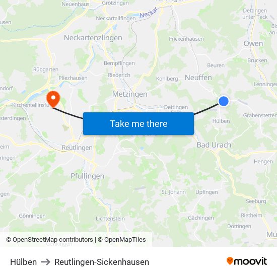 Hülben to Reutlingen-Sickenhausen map