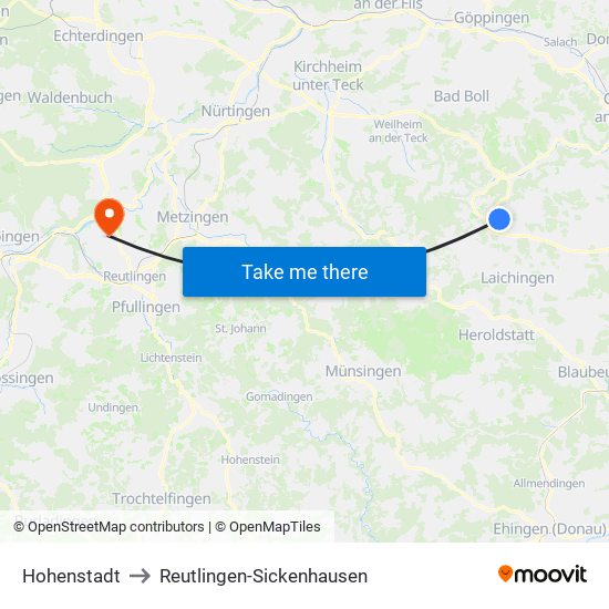 Hohenstadt to Reutlingen-Sickenhausen map