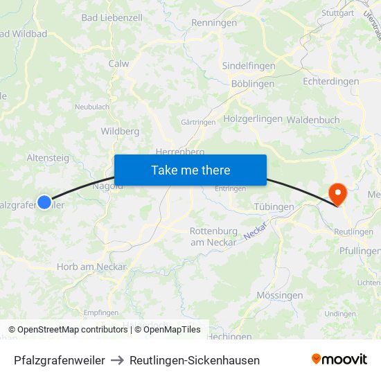 Pfalzgrafenweiler to Reutlingen-Sickenhausen map