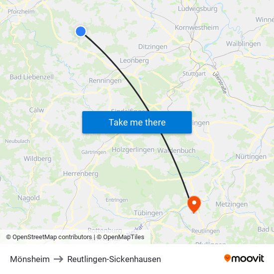 Mönsheim to Reutlingen-Sickenhausen map