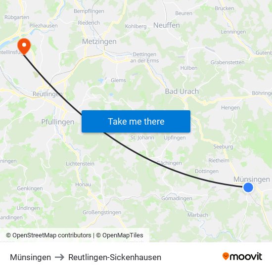 Münsingen to Reutlingen-Sickenhausen map