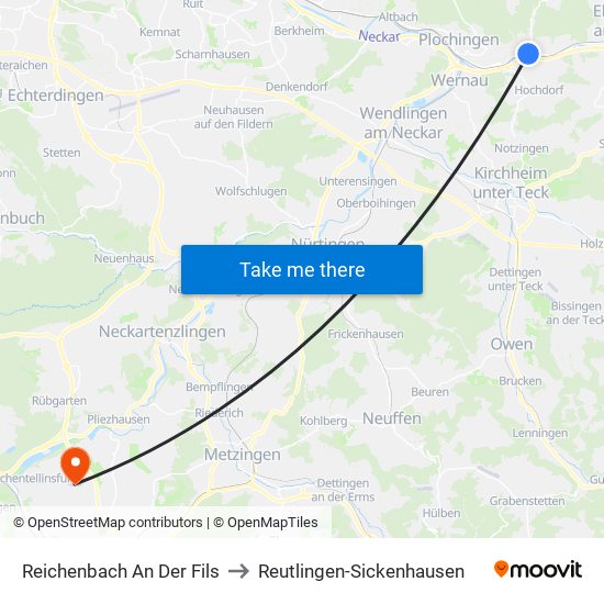 Reichenbach An Der Fils to Reutlingen-Sickenhausen map