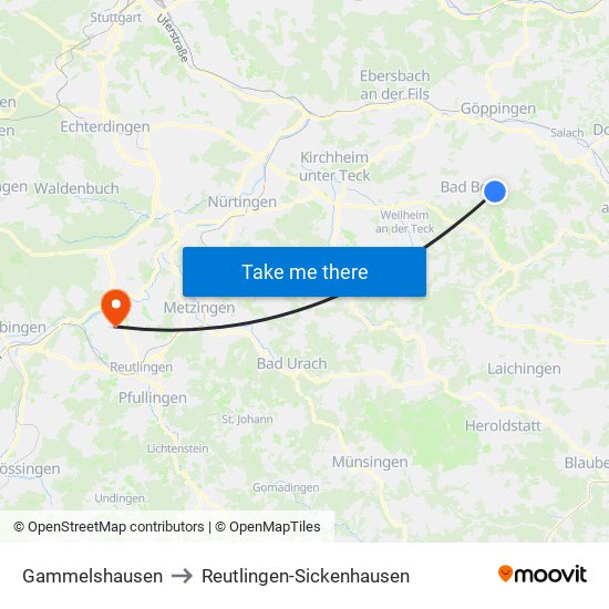 Gammelshausen to Reutlingen-Sickenhausen map