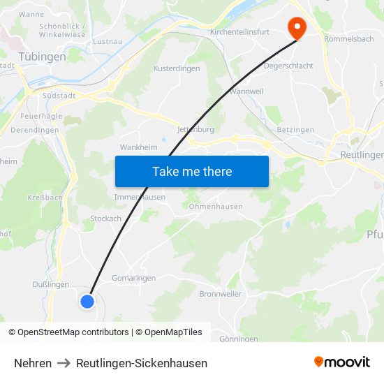 Nehren to Reutlingen-Sickenhausen map