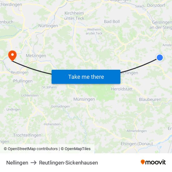 Nellingen to Reutlingen-Sickenhausen map