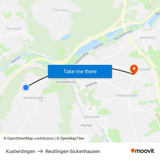 Kusterdingen to Reutlingen-Sickenhausen map