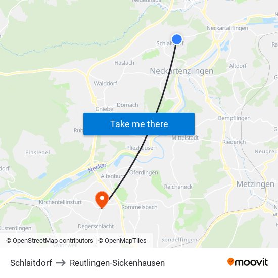 Schlaitdorf to Reutlingen-Sickenhausen map