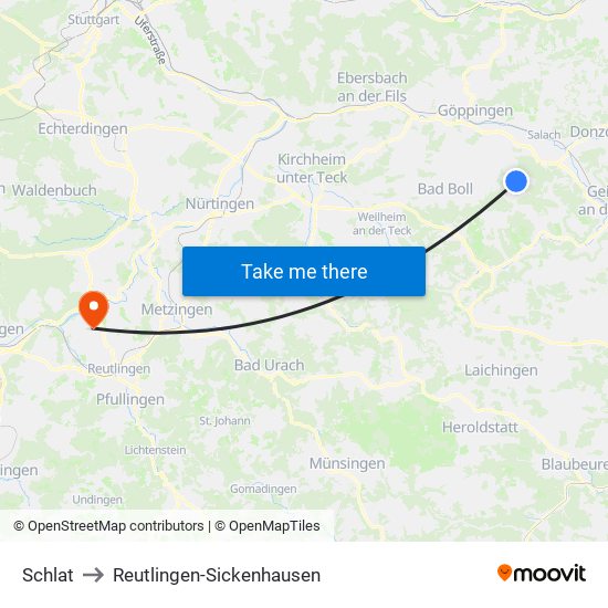 Schlat to Reutlingen-Sickenhausen map