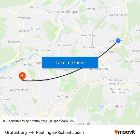 Grafenberg to Reutlingen-Sickenhausen map