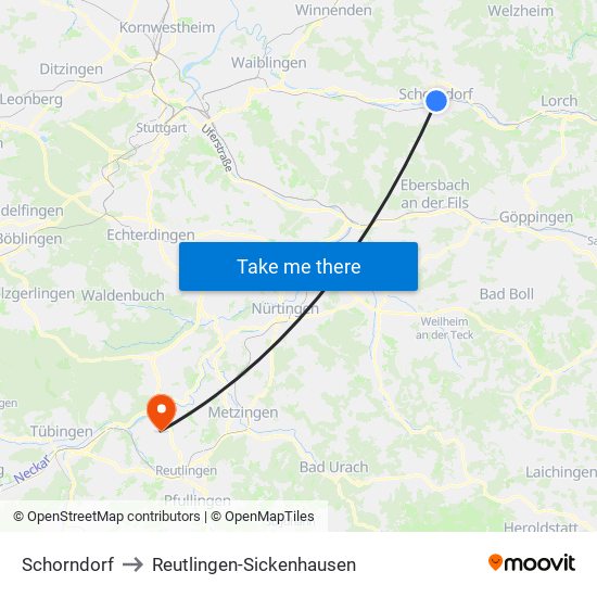 Schorndorf to Reutlingen-Sickenhausen map