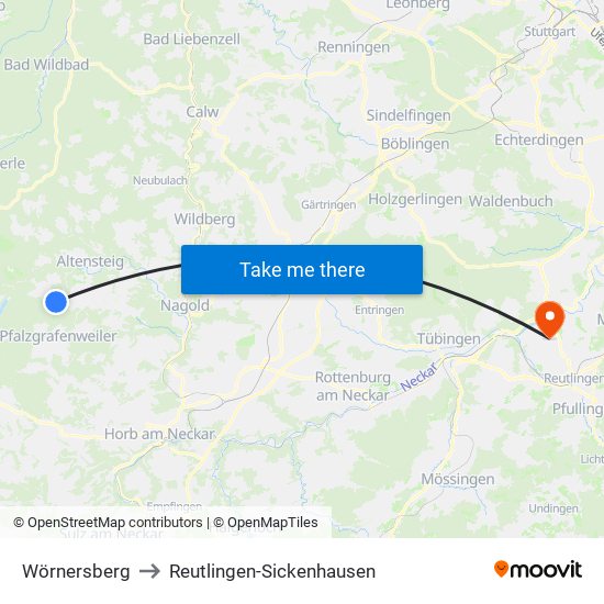 Wörnersberg to Reutlingen-Sickenhausen map