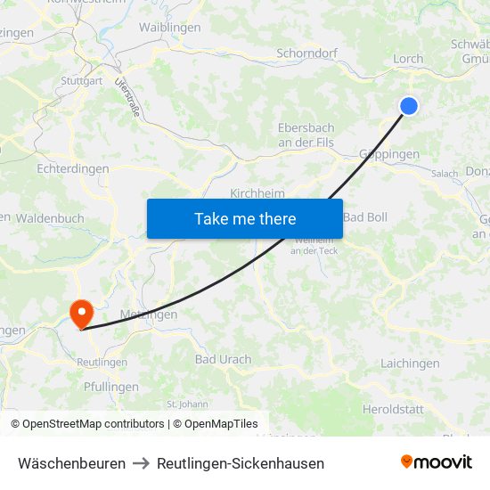 Wäschenbeuren to Reutlingen-Sickenhausen map