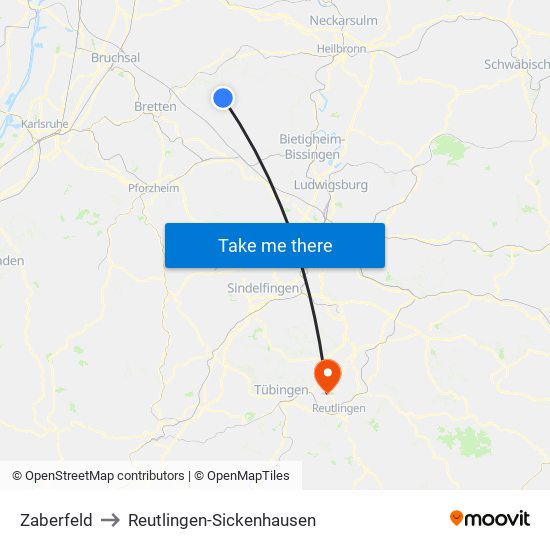 Zaberfeld to Reutlingen-Sickenhausen map