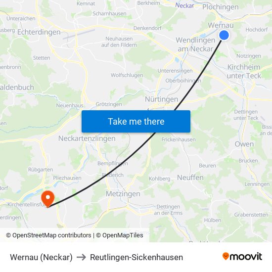 Wernau (Neckar) to Reutlingen-Sickenhausen map