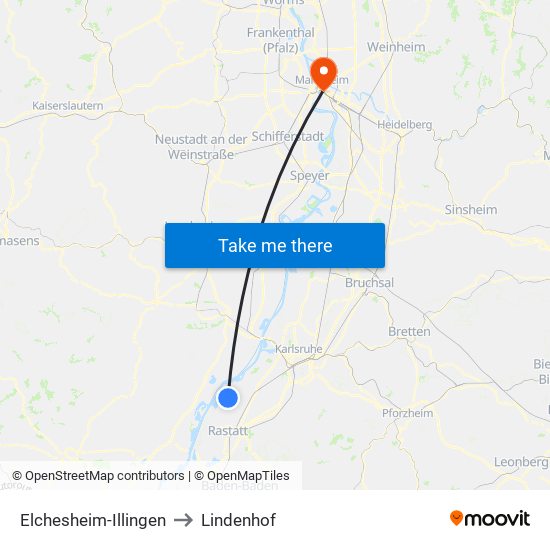 Elchesheim-Illingen to Lindenhof map