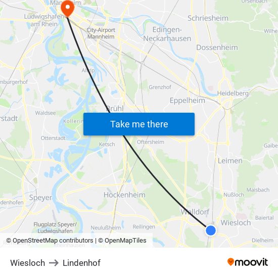 Wiesloch to Lindenhof map