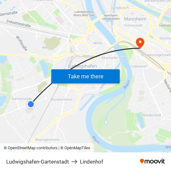 Ludwigshafen-Gartenstadt to Lindenhof map