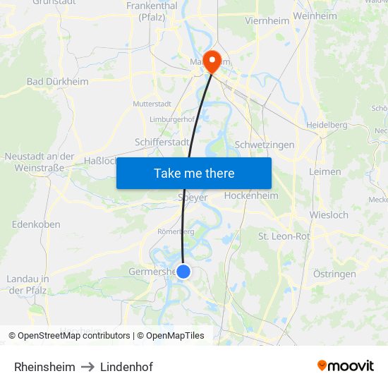 Rheinsheim to Lindenhof map