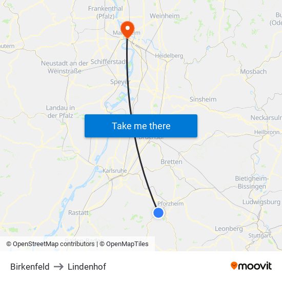 Birkenfeld to Lindenhof map