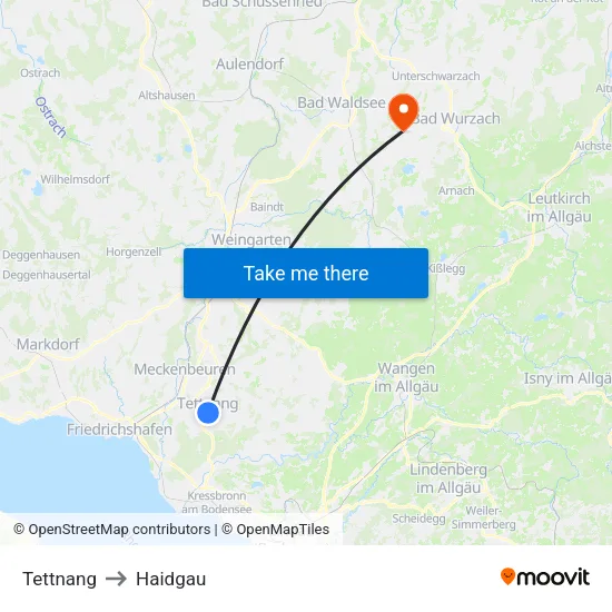 Tettnang to Haidgau map