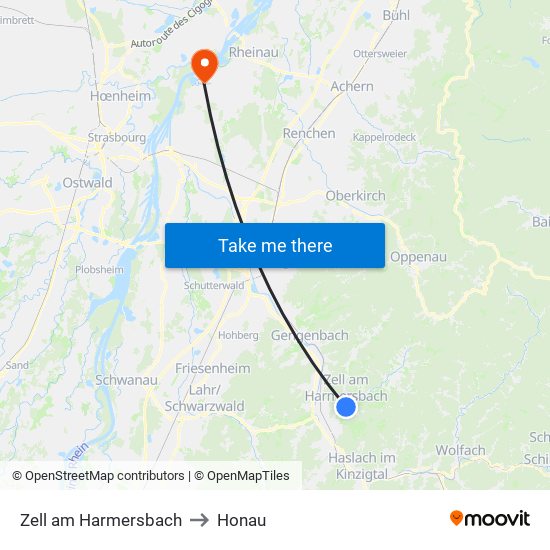 Zell am Harmersbach to Honau map