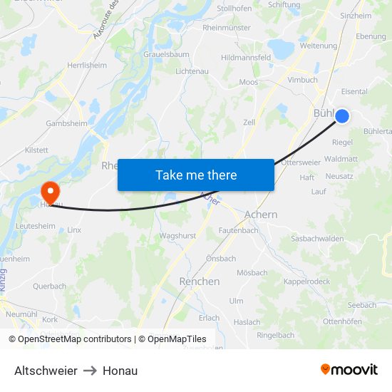 Altschweier to Honau map