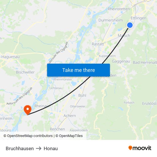 Bruchhausen to Honau map