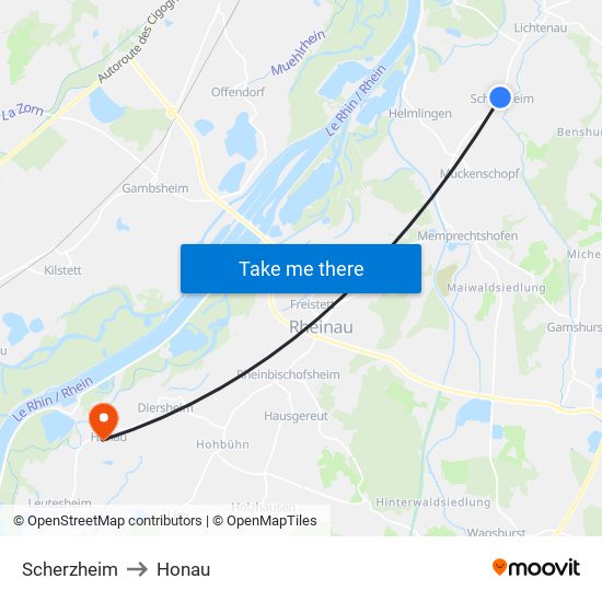 Scherzheim to Honau map