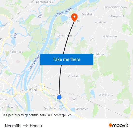 Neumühl to Honau map