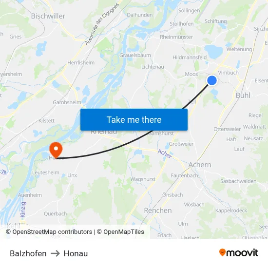 Balzhofen to Honau map