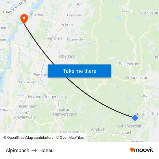 Alpirsbach to Honau map