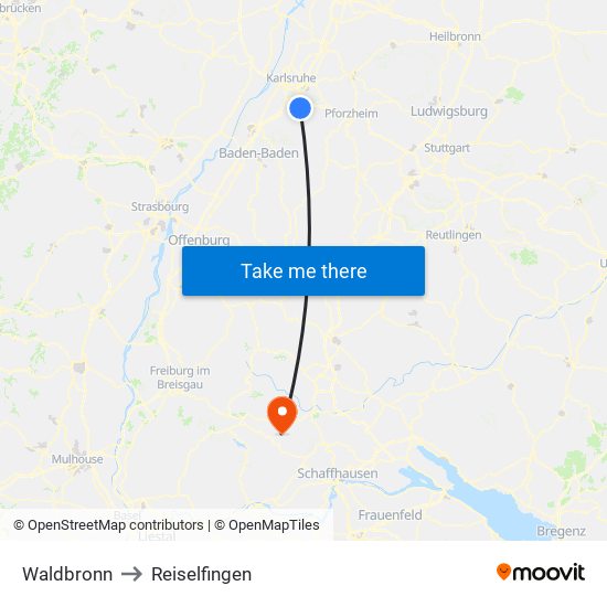 Waldbronn to Reiselfingen map