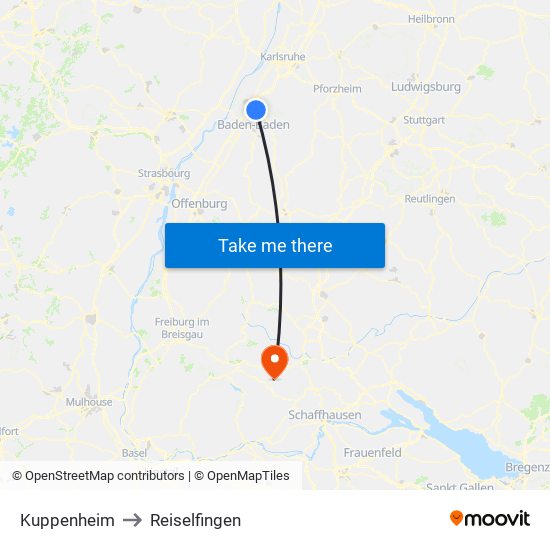 Kuppenheim to Reiselfingen map