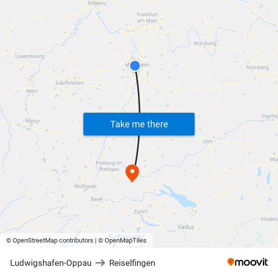 Ludwigshafen-Oppau to Reiselfingen map