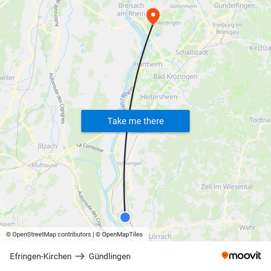 Efringen-Kirchen to Gündlingen map