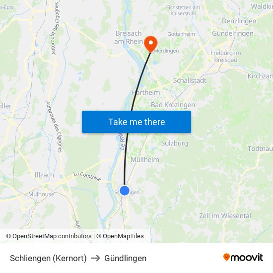 Schliengen (Kernort) to Gündlingen map