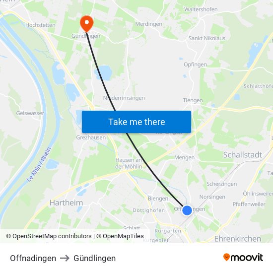 Offnadingen to Gündlingen map