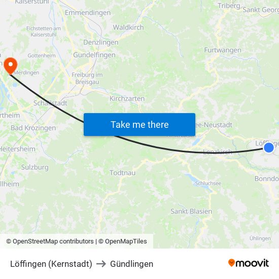 Löffingen (Kernstadt) to Gündlingen map