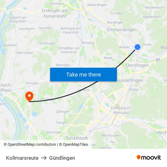 Kollmarsreute to Gündlingen map