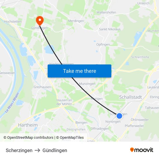 Scherzingen to Gündlingen map