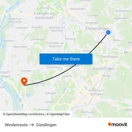 Windenreute to Gündlingen map