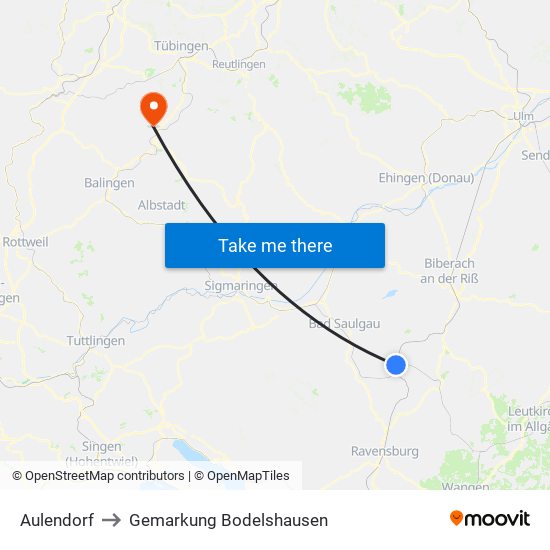 Aulendorf to Gemarkung Bodelshausen map