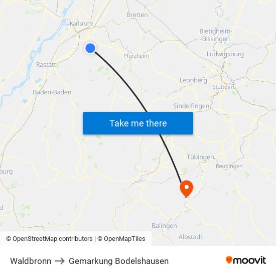 Waldbronn to Gemarkung Bodelshausen map