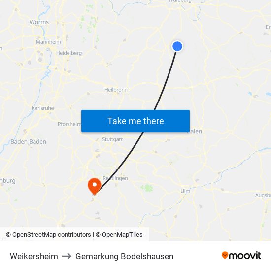 Weikersheim to Gemarkung Bodelshausen map